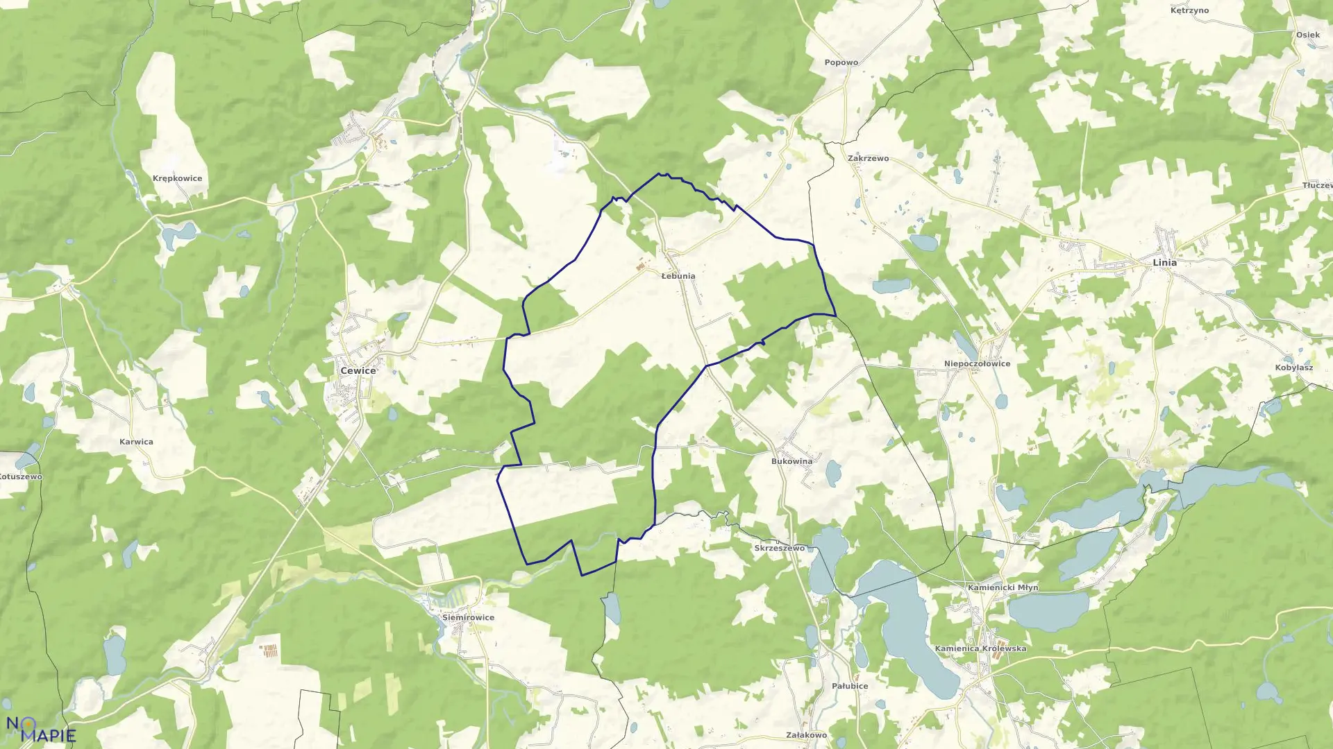 Mapa obrębu Łebunia w gminie Cewice